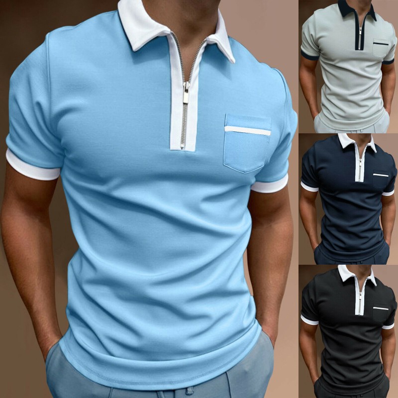 Men Zipper Polo Short Sleeve Shirts Casual Slim Fit Basic Golf Lapel Tee Top