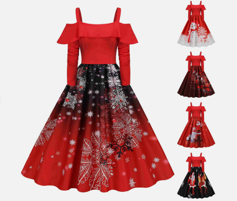 Women Vintage Christmas Dress Xmas Rockabilly Cocktail Party Flared Midi Dress