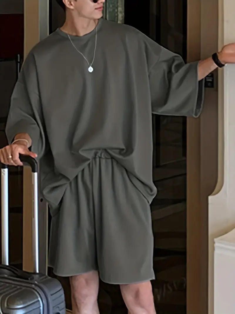 Plus Size,Men's Trendy Solid Crew Neck Short Sleeve T-shirt & Loose Shorts With Pockets Home Pajamas Sets, Casual Sets For Summer